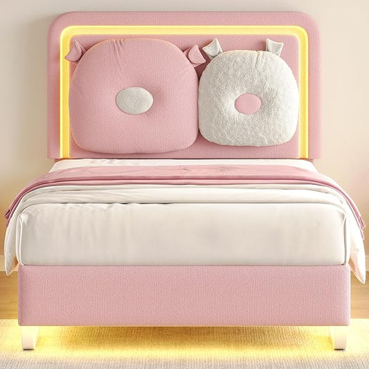 Twin Size Upholstered Bed Frame with LED Lights, Girls Bed with Adjustable Chic Double Headboard, Boucle Princess Platform Bed for Kids/Girls, Solid Wood Slats Support, No Box Spring Needed, Pink