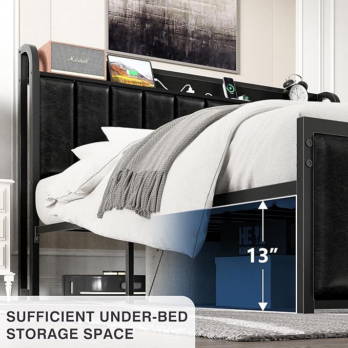 VECELO Bed Frame Full Size with Headboard, Upholstered Platform Bedframe, Heavy Duty Metal Slats, No Box Spring Needed, Easy Assembly, Classic Black