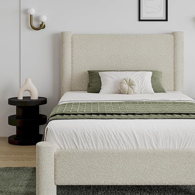 Twin Size Bed Frame, Boucle Upholstered Platform Bed with Headboard and Footboard, Soft Rounded Corners, No Box Spring Required, Easy Assembly, Cream