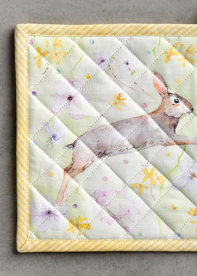 Maison d' Hermine 100% Cotton Oven Mitt & Pot Holder Set (7.5"x13" & 8"x8") Heat Resistant BBQ Cooking Gloves with Loop, Baking, Grilling, Kitchen, Handling Hot Pans Spring/Summer (Easter Zest)