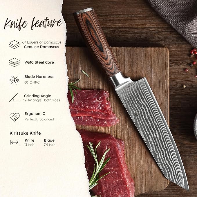 Wakoli EDIB Kiritsuke Chef Knife 8-inch - 67-Layer Damascus VG10 Core Steel, Razor Sharp Japanese Kitchen Knife with Pakkawood Handle, for Meat, Fish & Vegetables