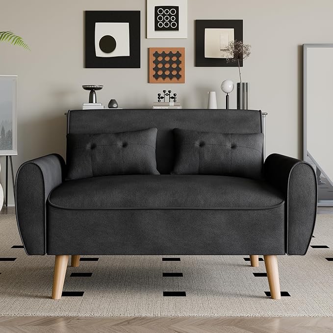 Vongrasig 47" Small Modern Loveseat Sofa, Mid Century Linen Fabric 2-Seat Sofa Couch Tufted Love Seat with Back Cushions and Tapered Legs for Living Room, Bedroom and Small Space (Black)