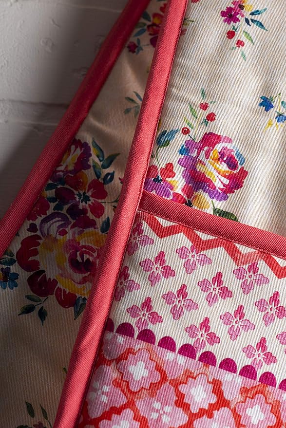 Maison d' Hermine Double Oven Mitts 100% Cotton 7"x35" Double Oven Mitt Heat Resistant BBQ Cooking Gloves with Loop, Baking, Grilling, Home, Kitchen, Handling Hot Pans Spring Summer (Rose Garden)