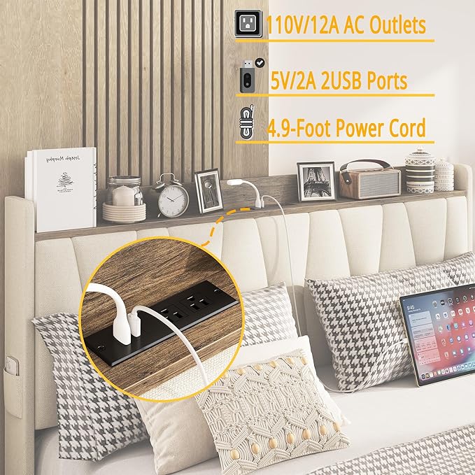 ANCTOR Queen Bed Frame with 3 Drawers, Upholstered Platform Bed with Storage Headboard and Charging Station, No Box Spring Needed, Easy Assembly, Beige