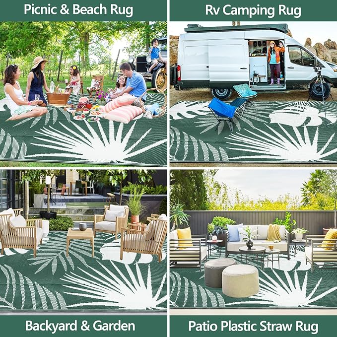 Waterproof Outdoor Rug 9x12 ft, Reversible Plastic Straw Mat with Leaf Pattern, Large Floor Mat for Patio, Camping, Picnic, Backyard RV, Deck, Dark Green