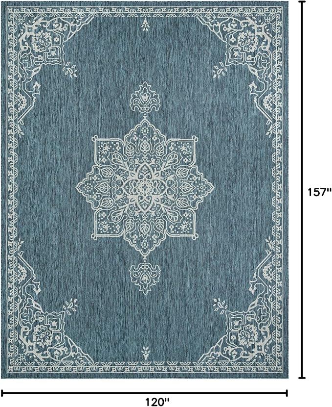 Unique Loom Outdoor Traditional Collection Area Rug - Antique (10' x 13' 1" Rectangle Teal/Ivory)
