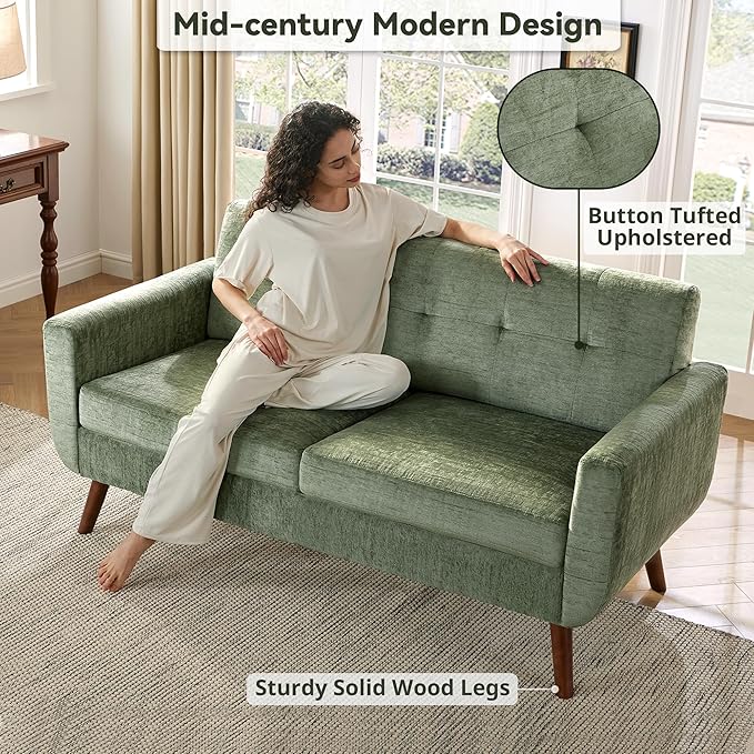 Tbfit 65" W Loveseat Sofa, Mid Century Modern Couches Love Seats for Living Room, Button Tufted Upholstered Small Couch for Bedroom, Solid and Easy to Install Love Seats Furniture, Green