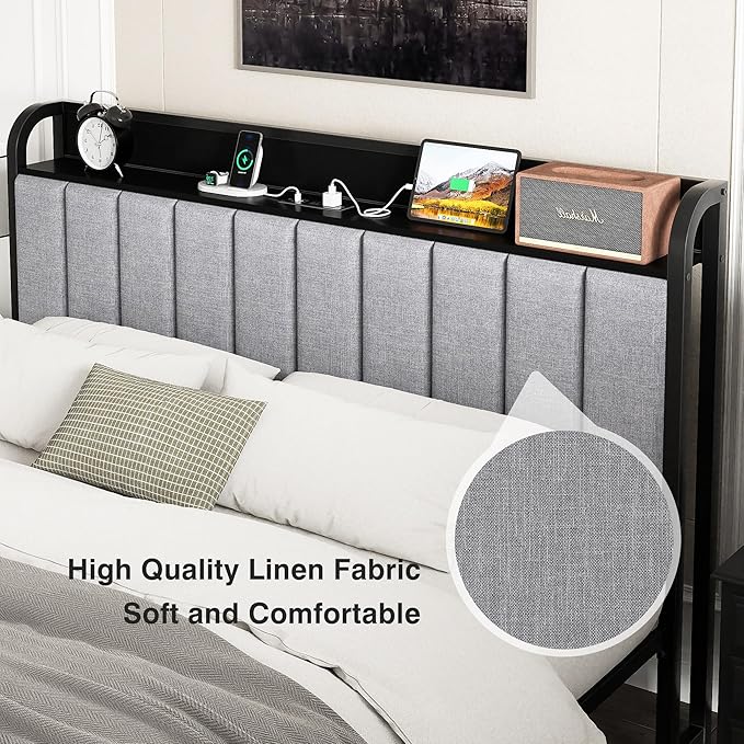 VECELO Bed Frame Full Size with Headboard, Upholstered Platform Bedframe, Heavy Duty Metal Slats, No Box Spring Needed, Easy Assembly, Grey
