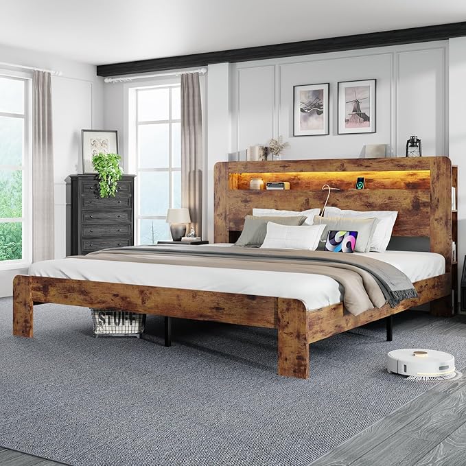 King Size Wooden Bed Frame with Bookcace Storage Headboard, Rustic Farmhouse Bedframe with LED Lights and Charging Station, Sturdy and Stable, Slat Support, No Box Spring Required (Brown, King)