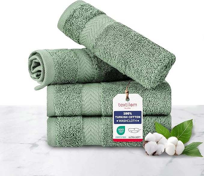 TEXTILOM 100% Turkish Cotton 4 Piece Luxury Washcloth Towel Set for Bathroom & Kitchen, Thick & Super Soft & Highly Absorbent & Quick Dry for Face and Hand- Green