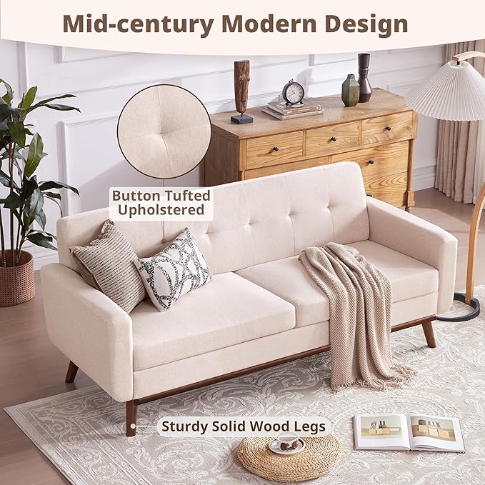 Kingfun 77.2" W Loveseat Sofa, Mid Century Modern Decor Love Seat Couches for Living Room, Button Tufted Upholstered Furniture, Easy to Install Small Couch for Bedroom Office Apartment, Oatmeal