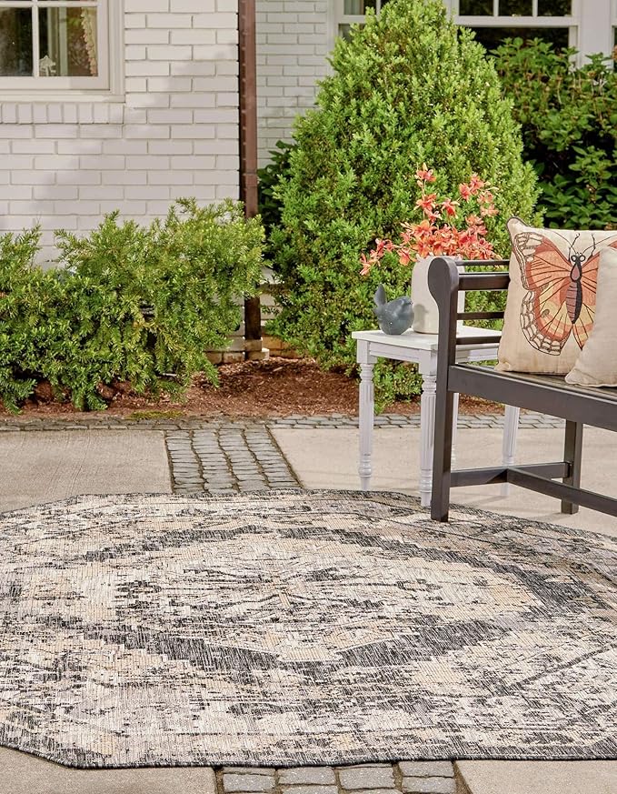 Unique Loom Outdoor Traditional Collection Area Rug - Valeria (7' 10" Octagon, Charcoal/ Natural)