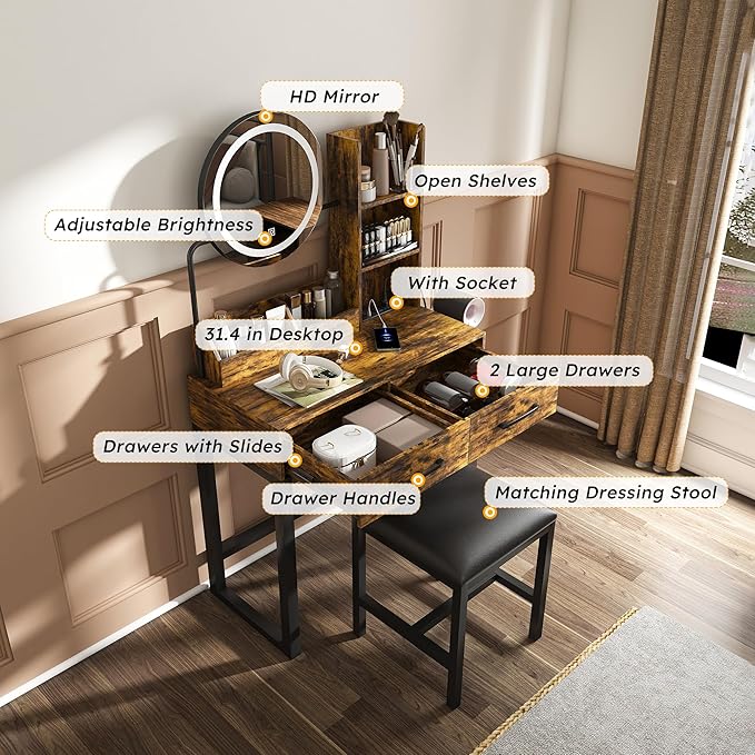 Ball & Cast Vanity Desk with Mirror & Power Outlet,3 Dimmable Colors Light Small Makeup Vanity Table Set with 2 Large Drawers & Chair,Adjustable Brightness Dressing Table for Women Girls Bedroom