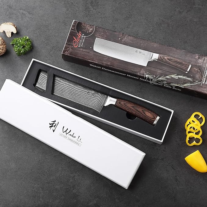 Wakoli Damascus Nakiri & Chef Knife 7-inch - 67-Layer VG10 Core Steel, Razor Sharp Japanese Vegetable Knife with Pakkawood Handle, for Precision Chopping, Slicing & Cuisine - Gift Box (EDIB)