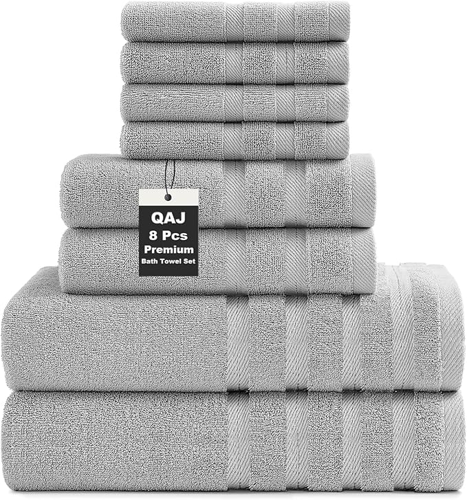 8-Piece Bath Towels Set, 100% Cotton Thick Soft Highly Absorbent Durable, Quick Dry, Bathroom Towels Set (2 Bath Towels, 2 Hand Towels, 4 Washcloths) - Perfect for Daily Use