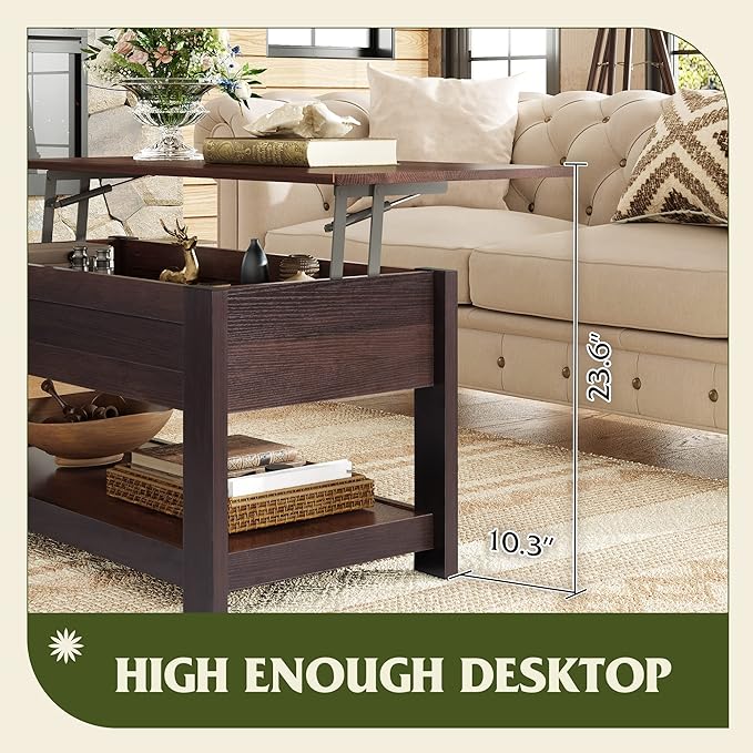 WLIVE Coffee Table, 39" Lift Top Coffee Table with Hidden Compartment, Storage Shelf and Lifting Top for Home Living Room, Office and Bedroom, Red-Brown