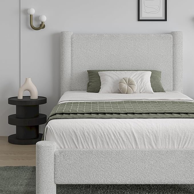Twin Size Bed Frame, Boucle Upholstered Platform Bed with Headboard and Footboard, Soft Rounded Corners, No Box Spring Required, Easy Assembly, White