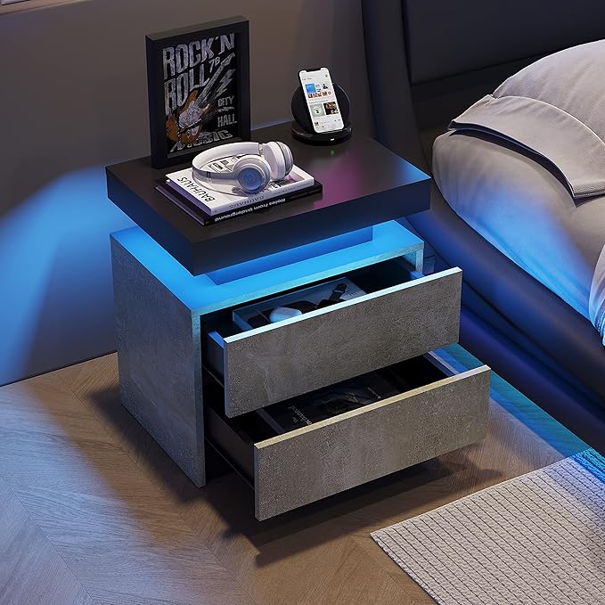 LED Nightstands Set of 2, Modern End Side Table with 2 Drawers, LED Bedroom Furniture for Bedroom and Living Room, Grey