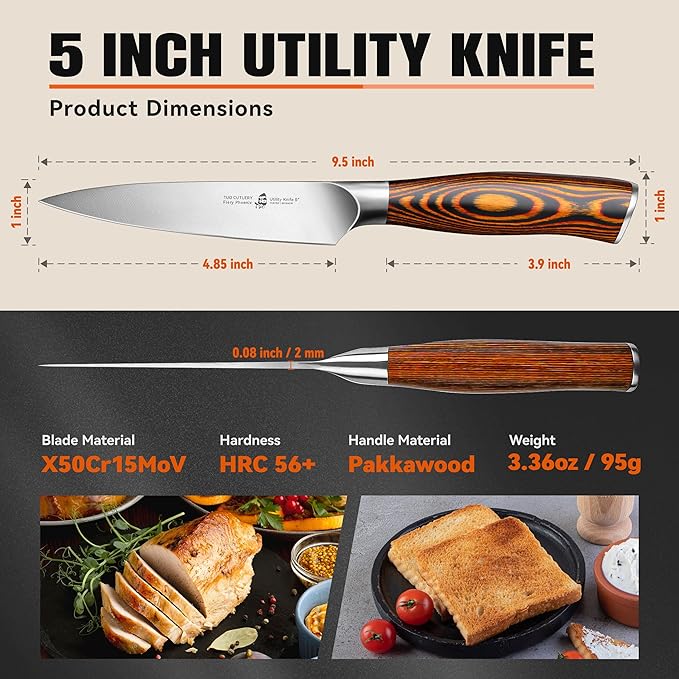 TUO Utility Knife, 5 inch Small Kitchen Knife for Paring & Slicing, with Ergonomic Pakkawood Handle, High Carbon German Stainless Steel - Fiery Phoenix Series
