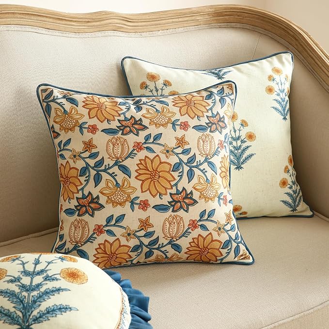 Design Square Simple Elegant Linen Throw Pillow Covers 18"x18" Pack of 2, Blue Yellow Floral Pattern Cushion Covers Decor Pillowcases for Bed,Living Room,Outdoor,Car