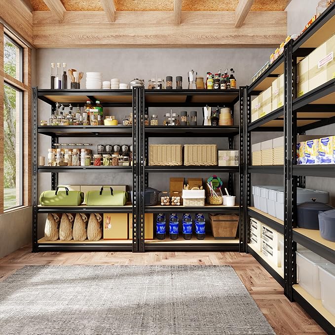 72.12" H Garage Shelving, Storage Shelves Load 2100LBS, 5-Tier Adjustable Shelving Unit with Thickened Wooden Boards for Multiple Scenarios, 72.12" H x 35.55" W x 11.85" D, Black, 3 Pack