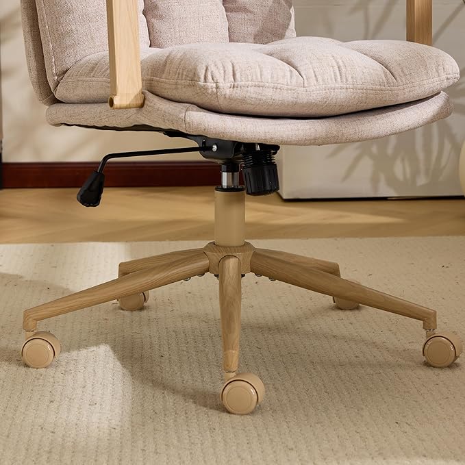 VINGLI Comfy Linen Office Desk Chair with Wheels & Detachable Cushions & Wood-Like Armrests,Swivel Small Computer Task Chair,Adjustable for Girl Makeup Vanity,Teen/Kids Study,Nail Tech,Sewing,Khaki