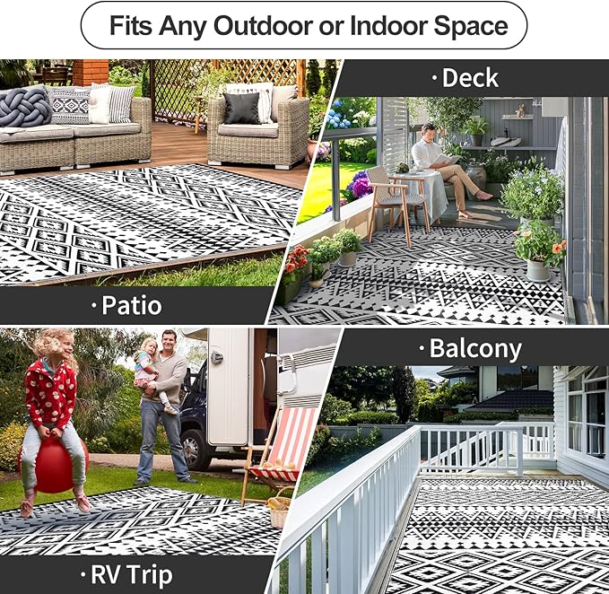 Waterproof Outdoor Rug 9x12ft, Bohemia Reversible Plastic Straw Mat for Patio RV Deck Porch Backyard Balcony Camping Picnic Beach Indoor Outdoor Carpet, Black&White