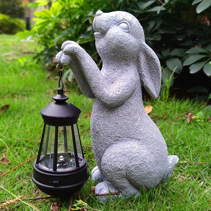 Rabbit Solar Garden Outdoor Statues,Resin Rabbit Figurine Decorations with Solar Lights Lantern, Outdoor Resin Bunny Decor for Lawn,Yard, Unique Housewarming Gift for Garden Home