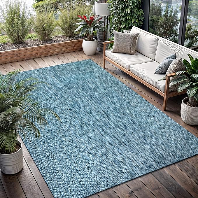 Washable Indoor Outdoor Rug Weather Resistant Carpet Modern Solid for Porch Deck Balcony Backyard Patio Rug 10x14 Aqua Blue