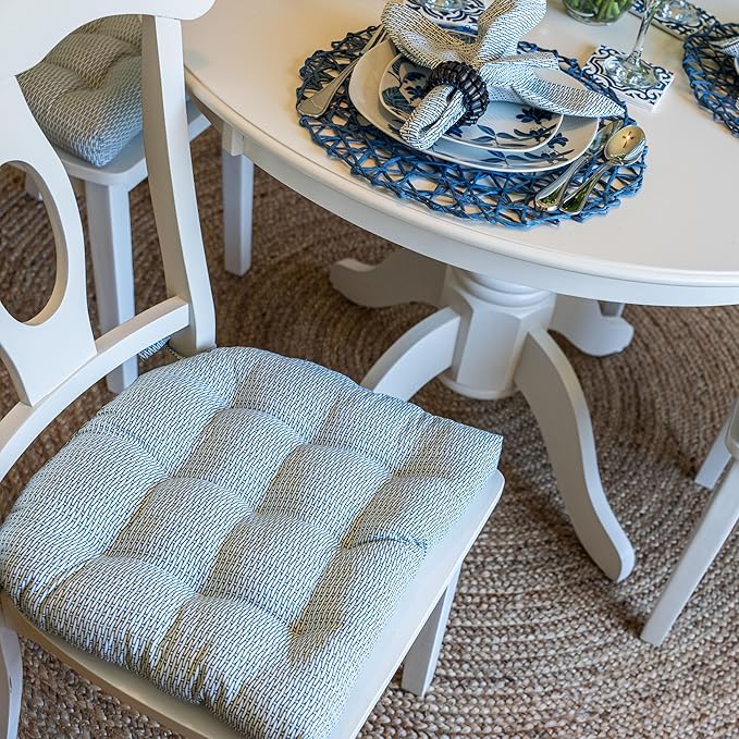 Barnett Home Decor Basketweave Blue Dining Chair Pad with Ties - 15 x 17 Size Small Chair Cushion - Latex Foam Fill - 100% Cotton, Made in USA - Machine Washable, Reversible