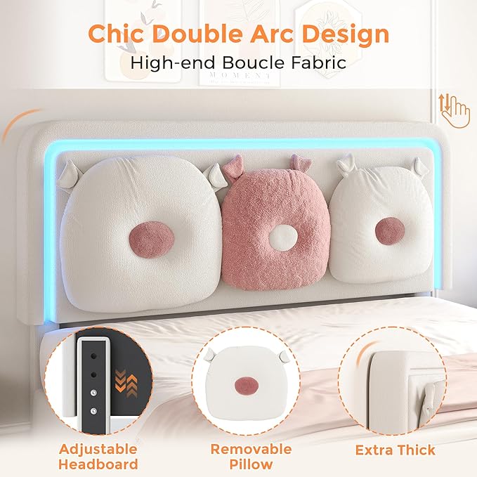 Full Size Upholstered Bed Frame with LED Lights, Girls Bed with Adjustable Chic Double Headboard, Boucle Princess Platform Bed for Girls, Solid Wood Slats Support, No Box Spring Needed, Beige