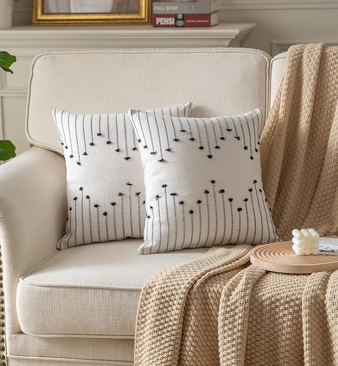 Caflife Boho Throw Pillow Covers 20x20 Set of 2 Decorative Pillows for Bed, Neutral Pillow Covers Beige with Black Line Throw Pillows for Modern Farmhouse Couch Sofa Living Room Outdoor