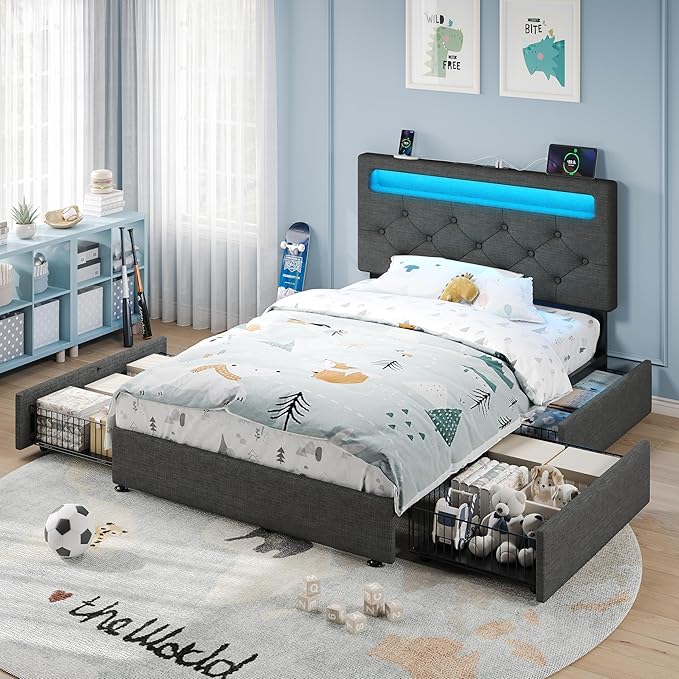 Rolanstar Twin Bed Frame with Charging Station and LED Lights, Upholstered Bed with Adjustable Headboard and 4 Storage Drawers, No Box Spring Needed, Easy Assembly, Dark Gray