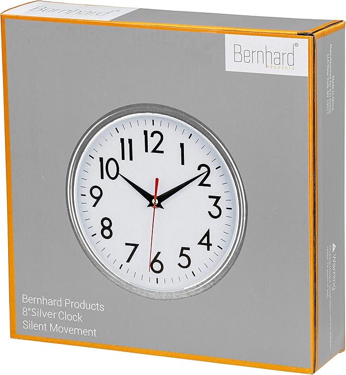 Bernhard Products Silver Wall Clock 8" Silent Non-Ticking Quality Quartz Battery Operated Clock for Home Kitchen Bedroom Bathroom Classroom Nursery Room Easy to Read