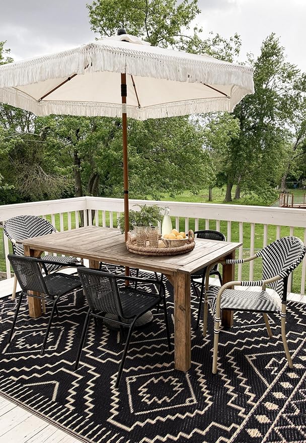 Wonnitar 8x10 Outdoor Rug, Large Waterproof Reversible Plastic Straw Rug for Patios, Indoor/Outdoor Area Rug Lightweight Camping Rug for Outside RV Balcony Garden Deck (Black & Beige,8'x10')