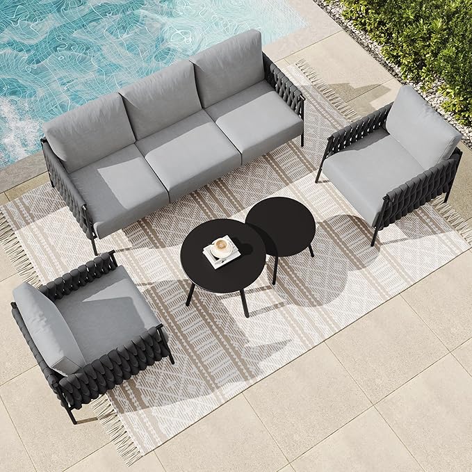 EAST OAK 5-Piece Patio Furniture Set | Life Chatter 5-Seat Outdoor Furniture | Deep Seating & Two Coffee Tables | Waterproof Extra-Thick Cushions | Porch, Balcony & Backyard | Earth Black & Misty Grey
