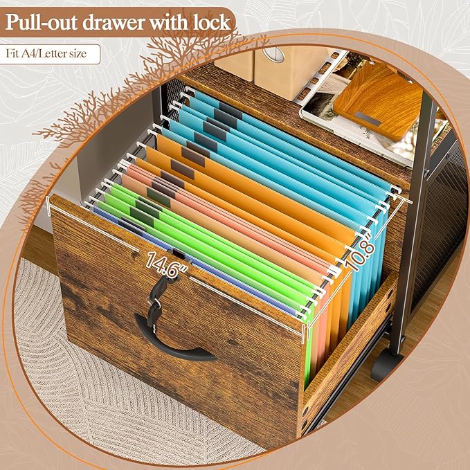 File Cabinet Small Filing Cabinet with Lock Printer Stand with Storage, Rolling File Cabinet with Drawer Vertical File Cart with Wheels, Lockable Filing Cabinet for Home Office