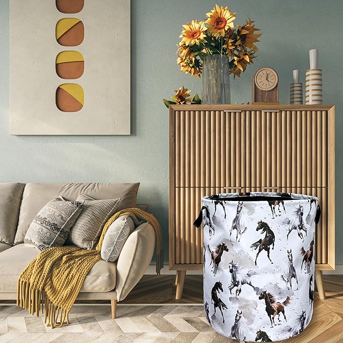 Watercolor Horses Laundry Basket Foldable With Handles Tote Bag Oxford Cloth Funny Animal Laundry Hamper 18.9" x 16.5" Clothes Storage Bucket Toy Organizer For Bathroom/Laundry/Bedroom
