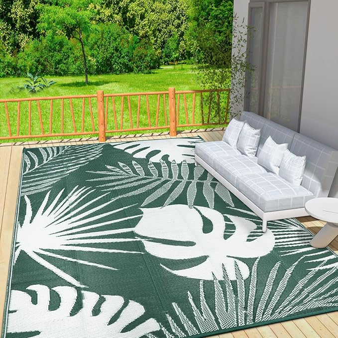 Waterproof Outdoor Rug 9x12 ft, Reversible Plastic Straw Mat with Leaf Pattern, Large Floor Mat for Patio, Camping, Picnic, Backyard RV, Deck, Dark Green