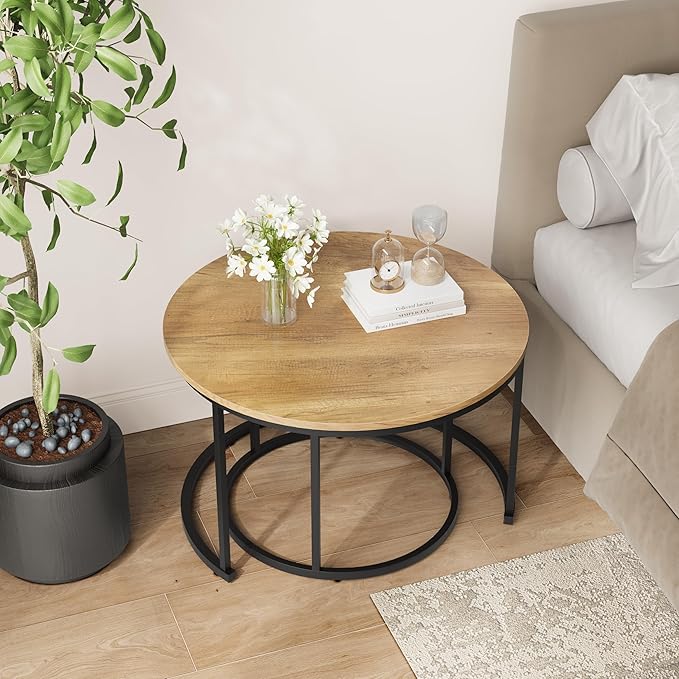 Smuxee Nesting Coffee Table Set of 2, 27.6" Round Coffee Table Wood Grain Top with Adjustable Non-Slip Feet, Industrial End Table Side Tables for Living Room Bedroom Balcony Yard