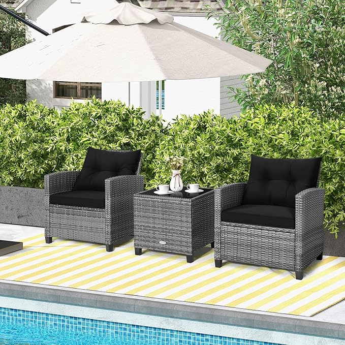 Tangkula 3 Pieces Patio Furniture Set, Outdoor PE Rattan Conversation Chair Set with Tempered Glass Side Table and Removable Cushions, PE Wicker Chairs and Table Set for Porch, Balcony and Garden