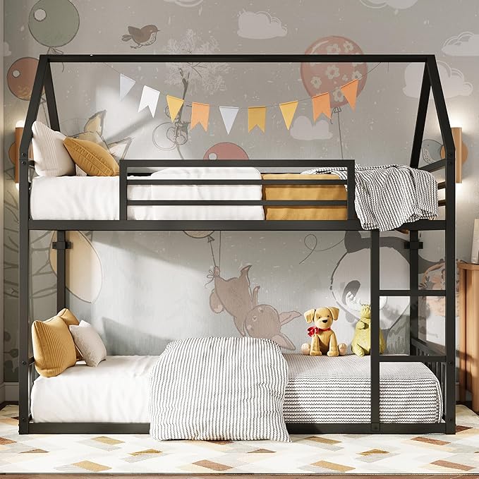LIKIMIO Bunk Bed Twin XL Over Twin XL, Metal Bunk Bed Frame with Ladder and Guardrail, House Shaped with Metal Slats for Dormitory and Bedroom, Space Saving, No Box Spring Needed, Black