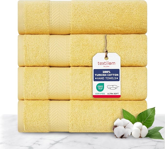 TEXTILOM 100% Turkish Cotton 4 Pcs Hand Towel Set, Luxury Hand Towels for Bathroom, Soft & Absorbent Bathroom Hand Towels Set (16 x 28 inches)- Yellow