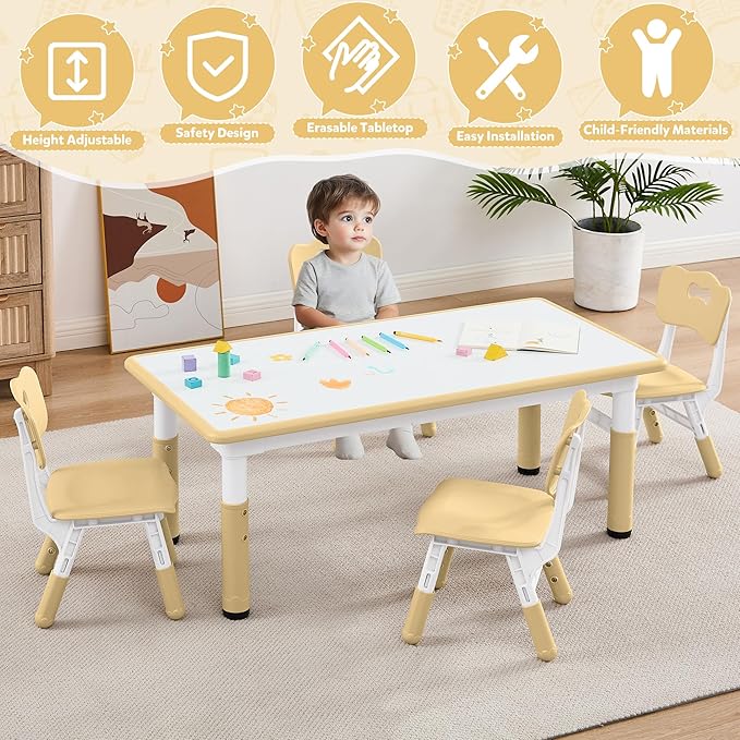 Adjustable Kids Table Chairs Set – Graffiti Desktop, Multi-Activity Height-Adjustable Toddler Study Desk for Ages 3-8 – Ideal for Home, Classroom, Daycare (B-Brown, 4 Chairs-47.2" L x 23.6" W)