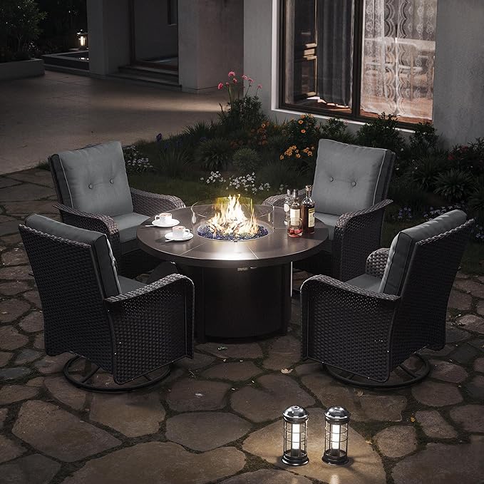 Kurapika 5 Pieces Patio Furniture Set, Rattan Wicker Outdoor Conversation Sets, 4 Woven Rattan Swivel Chairs w/48in Propane Fire Pit Table and Thickened Cushions, Grey