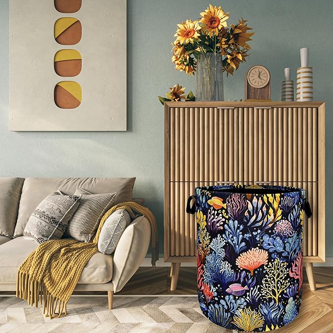 Colorful Coral Laundry Basket Foldable With Handles Tote Bag Oxford Cloth Marine Life Funny Laundry Hamper 18.9" x 16.5" Clothes Storage Bucket Toy Organizer For Bathroom/Laundry/Bedroom