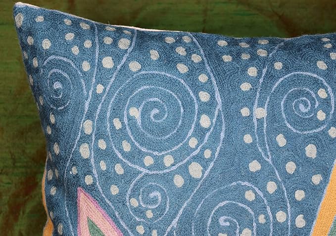Klimt Blue Teal Modern Pillow Cover Blue - Soul | Mid Century Chair Cushions | Abstract Throw Pillows | Contemporary Pillowcase | Modern Couch Pillows | Hand Embroidered Cushion | Wool Size 18x18