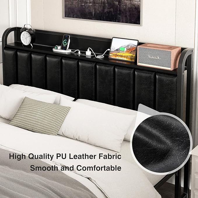 VECELO Queen Size Bed Frame with Headboard, Upholstered Platform Bedframe, Heavy Duty Metal Slats, No Box Spring Needed, Easy Assembly, Classic Black