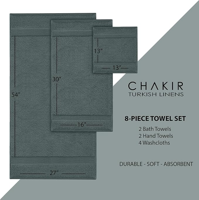 Chakir Turkish Linens Premium Cotton Absorbent Turkish Towels (8-Piece Towel Set, Dark Gray)