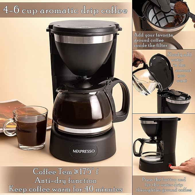 Drip Coffee Maker by Mixpresso Coffee (6 Cups), Black